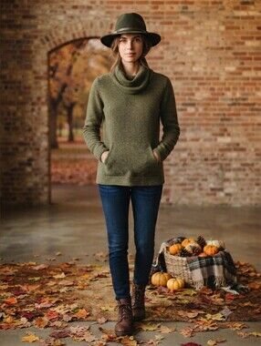 Pristine Duckworth Fine American Wool Olive Green Cowl Neck Pocket Hoodie Small